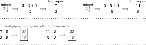 \bf \stackrel{mixed}{2\frac{1}{3}}\implies \cfrac{2\cdot 3+1}{3}\implies \stackrel{improper}{\cfrac{7}{3}}~\hfill \stackrel{mixed}{2\frac{1}{5}}\implies \cfrac{2\cdot 5+1}{5}\implies \stackrel{improper}{\cfrac{11}{5}} \\\\[-0.35em] ~\dotfill\\\\ \stackrel{\textit{multiplying one by the other's denominator}}{\cfrac{7}{3}\cdot \cfrac{5}{5}\implies \boxed{\cfrac{35}{15}}\qquad \qquad \cfrac{11}{5}\cdot \cfrac{3}{3}\implies \boxed{\cfrac{33}{15}}} \\\\[-0.35em] ~\dotfill