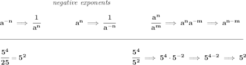 \bf ~\hspace{7em}\textit{negative exponents} \\\\ a^{-n} \implies \cfrac{1}{a^n} ~\hspace{4.5em} a^n\implies \cfrac{1}{a^{-n}} ~\hspace{4.5em} \cfrac{a^n}{a^m}\implies a^na^{-m}\implies a^{n-m} \\\\[-0.35em] \rule{34em}{0.25pt}\\\\ \cfrac{5^4}{25}=5^2~\hfill \cfrac{5^4}{5^2}\implies 5^4\cdot 5^{-2}\implies 5^{4-2}\implies 5^2