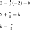 2=\frac{1}{5}(-2)+b\\\\2+\frac{2}{5}=b\\\\b=\frac{12}{5}