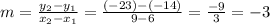 m=\frac{y_{2}-y_{1}}{x_{2}-x_{1}}=\frac{(-23)-(-14)}{9-6}=\frac{-9}{3}=-3