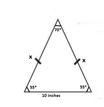 An isosceles triangle has angle measure 55,55 and 70 the side across from 70 angle is 10 inches long