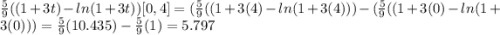 \frac{5}{9}((1+3t)-ln(1+3t))[0,4]=(\frac{5}{9}((1+3(4)-ln(1+3(4)))-(\frac{5}{9}((1+3(0)-ln(1+3(0)))=\frac{5}{9}(10.435)-\frac{5}{9}(1)=5.797