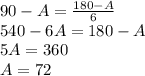 90-A=\frac{180-A}{6}\\&#10;540-6A=180-A\\&#10;5A=360\\&#10;A=72