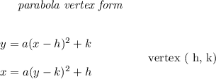 \bf \qquad \textit{parabola vertex form}\\\\&#10;&#10;\begin{array}{llll}&#10;y=a(x-{{ h}})^2+{{ k}}\\\\&#10;x=a(y-{{ k}})^2+{{ h}}&#10;\end{array} \qquad\qquad  vertex\ ({{ h}},{{ k}})