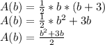 A(b) = \frac {1} {2} * b * (b + 3)\\A(b) = \frac {1} {2} * b ^ 2 + 3b\\A(b) = \frac {b ^ 2 + 3b} {2}