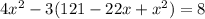 4x^2 -3(121 -22x +x^2) = 8