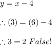 y=x-4 \\ \\ \therefore (3)=(6)-4 \\ \\ \therefore 3=2 \ False!