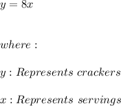 y=8x \\ \\ \\ where: \\ \\ y:Represents \ crackers \\ \\ x:Represents \ servings