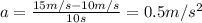 a=\frac{15 m/s-10 m/s}{10s}=0.5 m/s^2