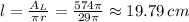 l= \frac{A_L}{\pi r} = \frac{574\pi}{29\pi} \approx 19.79 \, cm