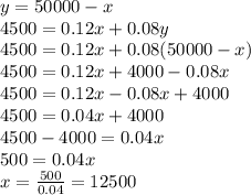 y=50000-x\\4500 = 0.12x +0.08 y\\4500=0.12x+0.08(50000-x)\\4500=0.12x+4000-0.08x\\4500=0.12x-0.08x+4000\\4500=0.04x+4000\\4500-4000=0.04x\\500=0.04x\\x=\frac{500}{0.04} =12500