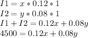 I1=x * 0.12*1\\I2=y*0.08*1\\I1+I2 = 0.12x+0.08y\\4500=0.12x+0.08y