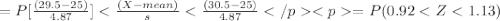 &#10;=P[\frac{(29.5-25)}{4.87}] < \frac{(X-mean)}{s} < \frac{(30.5-25)}{4.87}&#10;&#10;=P(0.92