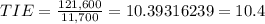 TIE=\frac{121,600}{11,700} =10.39316239=10.4