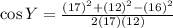 \cos Y=\frac{(17)^2+(12)^2-(16)^2}{2(17)(12)}