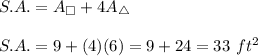 S.A.=A_{\square}+4A_{\triangle}\\\\S.A.=9+(4)(6)=9+24=33\ ft^2