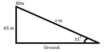Akite flying at a height of 65 m is attached to a string inclined at 31° to the horizontal. what is
