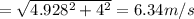 =\sqrt{4.928^2+4^2}=6.34 m/s