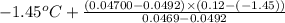 -1.45^{o}C + \frac{(0.04700 - 0.0492) \times (0.12 - (-1.45))}{0.0469 - 0.0492}
