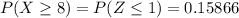 P(X\geq 8) =P(Z\leq 1) = 0.15866