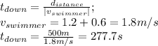 t_{down}=\frac{d_{istance}}{|v_{swimmer}|} ;\\v_{swimmer}=1.2+0.6=1.8 m/s\\t_{down}=\frac{500 m}{1.8 m/s}=277.7 s