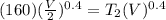 (160)(\frac{V}{2})^{0.4} = T_2(V)^{0.4}