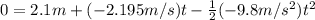 0=2.1m+(-2.195m/s)t-\frac{1}{2}(-9.8m/s^{2})t^{2}