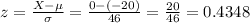 z=\frac{X-\mu}{\sigma}=\frac{0-(-20)}{46}=\frac{20}{46}=   0.4348