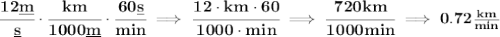 \bf \cfrac{12\underline{m}}{\underline{s}}\cdot \cfrac{km}{1000\underline{m}}\cdot \cfrac{60\underline{s}}{min}\implies \cfrac{12\cdot km\cdot 60}{1000\cdot min}\implies \cfrac{720km}{1000min}\implies 0.72\frac{km}{min}