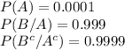 P(A)=0.0001\\P(B/A)=0.999\\P(B^{c} /A^{c} )=0.9999