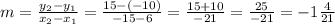 m = \frac{y_{2} - y_{1}}{x_{2}-  x_{1}} = \frac{15 - (-10)}{-15 - 6} = \frac{15 + 10}{-21} = \frac{25}{-21} = -1\frac{4}{21}