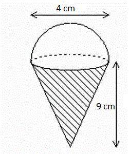 What is the volume of the item described?  an ice cream cone with a cone of radius 2 cm and height o