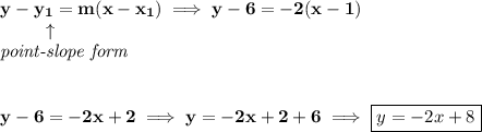 \bf y-{{ y_1}}={{ m}}(x-{{ x_1}})\implies y-6=-2(x-1)\\&#10;\left. \qquad   \right. \uparrow\\&#10;\textit{point-slope form}&#10;\\\\\\&#10;y-6=-2x+2\implies y=-2x+2+6\implies \boxed{y=-2x+8}