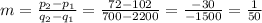 m=\frac{p_{2} -p_{1} }{q_{2} -q_{1} }=\frac{72-102}{700-2200} =\frac{-30}{-1500}=\frac{1}{50}