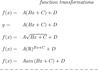 \bf \qquad \qquad \qquad \qquad \textit{function transformations}\\\\\begin{array}{llll}&#10;f(x)=&{{  A}}({{  B}}x+{{  C}})+{{  D}}&#10;\\ \quad \\&#10;y=&{{  A}}({{  B}}x+{{  C}})+{{  D}}&#10;\\ \quad \\&#10;f(x)=&{{  A}}\sqrt{{{  B}}x+{{  C}}}+{{  D}}&#10;\\ \quad \\&#10;f(x)=&{{  A}}(\mathbb{R})^{{{  B}}x+{{  C}}}+{{  D}}&#10;\\ \quad \\&#10;f(x)=&{{  A}} sin\left({{ B }}x+{{  C}}  \right)+{{  D}}&#10;\end{array}\\\\&#10;--------------------\\\\