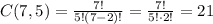 C(7,5) = \frac{7!}{5!(7-2)!} = \frac{7!}{5!\cdot 2!} = 21