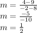 m=\frac{4-9}{-2-8}\\m=\frac{-5}{-10} \\m=\frac{1}{2}