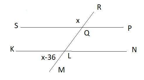 In the figure, anglerqs is-congruent-to angleqlk. 3 lines are shown. lines s p and k n are parallel.