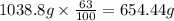 1038.8g\times \frac{63}{100}=654.44g