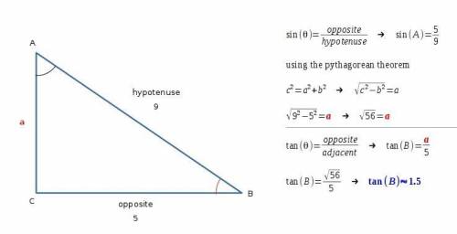 In a right traingle abc, sin b = 5/9. what is the tangent of the other acute angle, a?   a. 0.45, b.