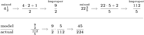 \bf \stackrel{mixed}{4\frac{1}{2}}\implies \cfrac{4\cdot 2+1}{2}\implies \stackrel{improper}{\cfrac{9}{2}}~\hfill \stackrel{mixed}{22\frac{2}{5}}\implies \cfrac{22\cdot 5+2}{5}\implies \stackrel{improper}{\cfrac{112}{5}} \\\\[-0.35em] \rule{34em}{0.25pt}\\\\ \cfrac{model}{actual}\qquad \qquad \cfrac{~~\frac{9}{2}~~}{\frac{112}{5}}\implies \cfrac{9}{2}\cdot \cfrac{5}{112}\implies \cfrac{45}{224}