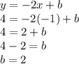 y=-2x+b\\4 = -2 (-1)+ b\\4=2+b\\4-2 = b\\b=2