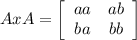 AxA = \left[\begin{array}{ccc}aa&ab\\ba&bb\end{array}\right]