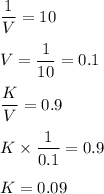 \displaystyle\frac{1}{V} = 10\\\\V = \displaystyle\frac{1}{10} = 0.1\\\\\displaystyle\frac{K}{V} = 0.9\\\\K\times \displaystyle\frac{1}{0.1} = 0.9\\\\K = 0.09