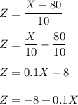 Z=\dfrac{X-80}{10}\\ \\Z=\dfrac{X}{10}-\dfrac{80}{10}\\ \\Z=0.1X-8\\ \\Z=-8+0.1X