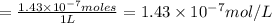 =\frac{1.43\times 10^{-7} moles}{1 L}=1.43\times 10^{-7} mol/L