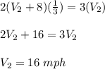 2(V_2+8)(\frac{1}{3})=3(V_2)\\\\2V_2+16=3V_2\\\\V_2=16\ mph