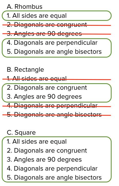 Select all of the characteristics that apply to each parallelogram. a. rhombus 1. all sides are equa
