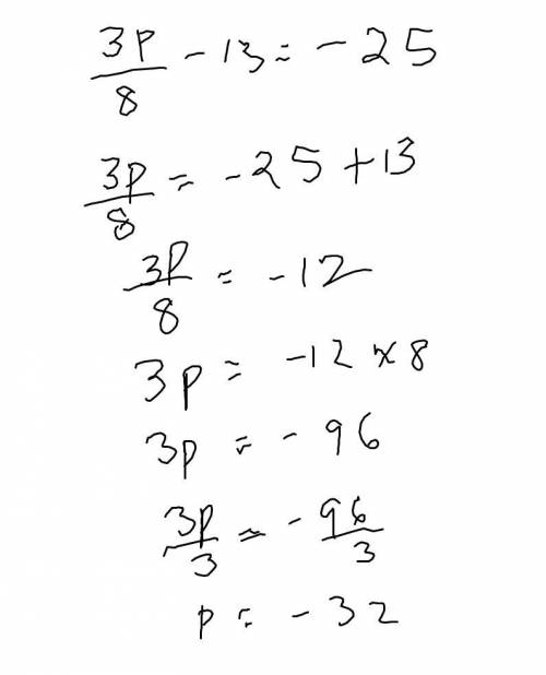 Solve the equation.  3p/8-13=-25