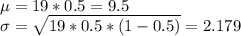 \mu = 19 * 0.5 = 9.5\\\sigma = \sqrt{19*0.5*(1-0.5)} =2.179